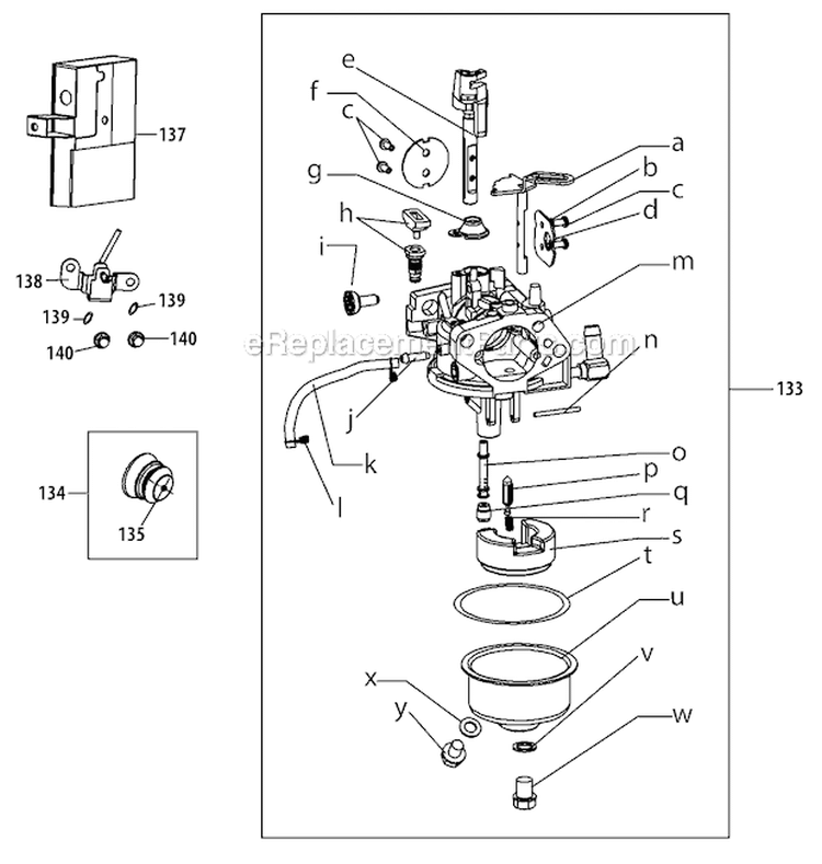 Carburetor Diagram and Parts List for 31AH65LG701 2010 Yard Man Snow Blower
